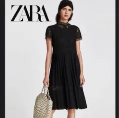 ZARA BASIC ザラベーシック　レースプリーツワンピース　ブラック