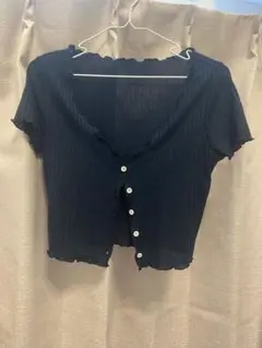 ネイビー 半袖カーディガン リブ編み