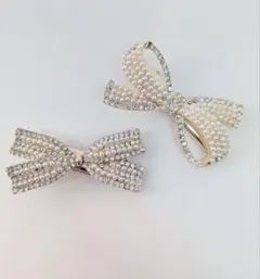 パールストーンリボンヘアクリップ2個セット　結婚式　発表会　ハレの日