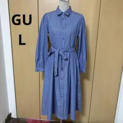 GU L タックフレア　ストライプ　シャツロングワンピ