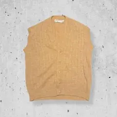 80sヴィンテージケーブル編みニットベストベージュ茶色前開きレトロアメカジ古着L