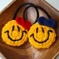 リボンつき にこちゃん ヘアゴム 2個セット 赤 ネイビー