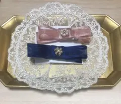 リボン ミニヘアピン2個セット（ネイビー×ピンク）