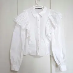 ZARA 刺繍 フリルデザイン ブラウス ホワイト 長袖