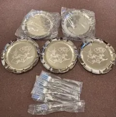 【昭和レトロ】ステンレス製和風デザイン皿5枚セットとフォーク