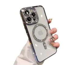 iPhone 16 Pro ケース クリスタル装飾　MagSafe対応　シルバー