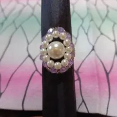 ハンドメイド パール ・紫色スワロフスキービーズ 　リング　約14号