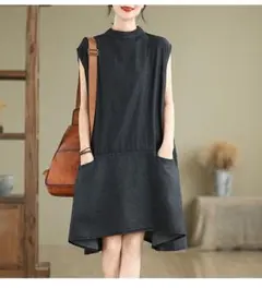 デニムワンピース オーバーサイズ おしゃれ度高め ノースリーブ ポケット付き