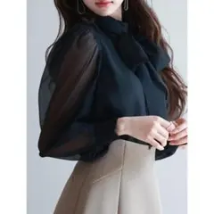 新品 未使用 S ブラック 黒 3WAY 取り外しリボン オーガンジー ブラウスのサムネイル