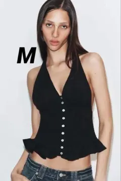 新品 ZARA ボタンホルダーネックトップス Mのサムネイル