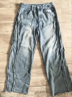 ダメージ加工 グレー ワイドレッグデニム