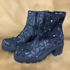 ブラックフラワーブーツ サイドジッパー