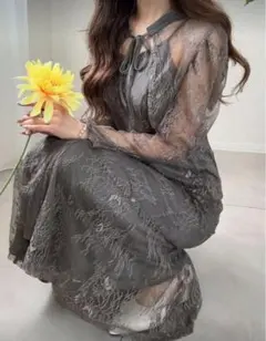 お呼ばれドレスボレロ付きグレーオシャレワンピースシアー結婚式パーティードレス刺繍