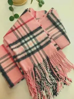 ピンク チェック柄 マフラー フリンジ付き