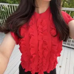 極美品✨ANAYI フリル付き赤半袖ニット♡