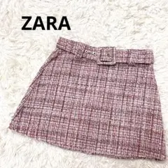 ZARA 甘めピンクツイード ちょいフレアミニスカート ベルト ザラ レディース