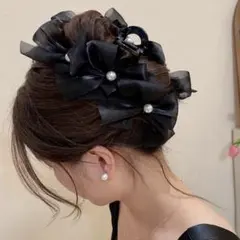 大きめ バンスクリップ パールリボン ヘアクリップ ボリューム 韓国 黒