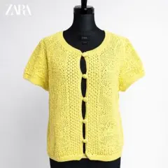 b*o様 ZARA 透かし編み ニットカーディガン 半袖 イエロー L 春夏