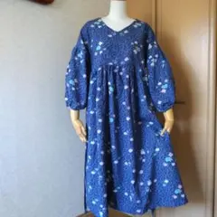 着物リメイク 洗える小紋 ボリューム袖ギャザーワンピース