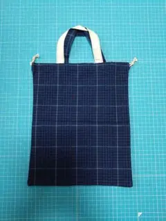 ネイビー チェック柄 巾着トートバッグ