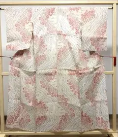 D 夏物 本場小千谷縮 流水に花々 白地 麻 小紋 薄物 絽 紗 着物 K475のサムネイル