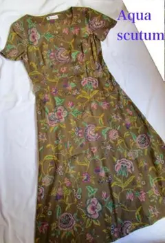 アクアスキュータム ロンドン リーフ柄 プリント 半袖 レトロ ワンピース