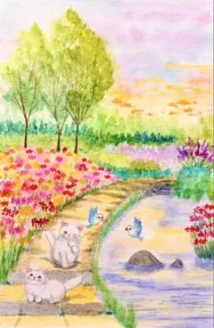 手描き水彩画 秋のはじまり窓辺で戯れる猫さんと小鳥たち ※900円です