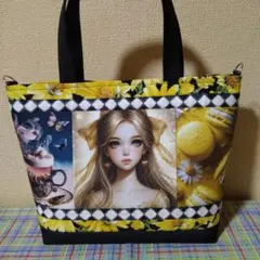 かわいい女の子両面６パネルハンドメイドミニトートバッグ(手持ちタイプ)