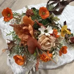 ウェディングブーケ オレンジ系 造花 ブートニア付き
