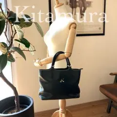 【良品】キタムラ レザートートバッグ ハンドバッグ Kロゴ ネイビー 白ステッチ