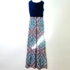 ワンピース【フリー】ブルー カラフル ノースリーブ ロング アジアン