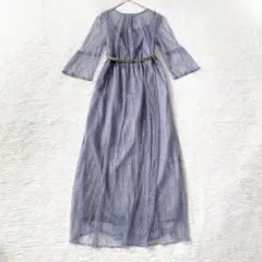 【美品】アサクラ 袖付き総レースロングワンピース お呼ばれドレス ブルーグレーMのサムネイル