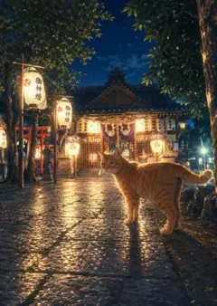 【水彩画風】 灯籠の夜、神社を見守る猫