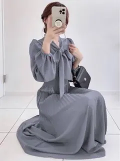 GRL グレイル ボウタイプリーツロングフレアワンピース ブルー tw1043