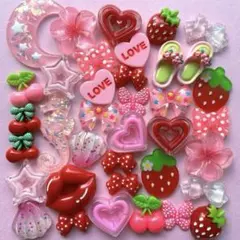 ハンドメイド♡デコパーツ♡ピンク＆レッド♡月、星、リボン、苺、貝、蝶、花⑧