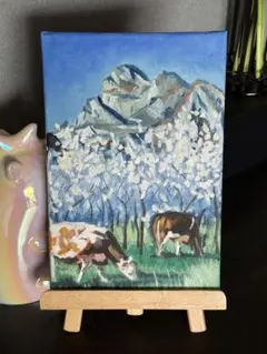 「梅と牛」　手描き　油絵　風景画　原画　肉筆　油彩画　印象派