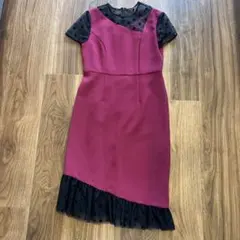 ワインレッド ドット柄 半袖 パーティードレス