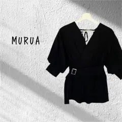 MURUA バックリボン ボリューム袖 半袖 ラップトップス ベルト付き 黒のサムネイル