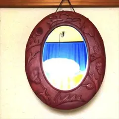 鏡 オーバル 壁掛け 蓮の花 彫刻 昭和 レトロ 赤茶色 ブラウン 蓮 骨董品