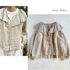 美品 nest Robe ⿻ ブラックリネンラッフルブラウス フリルカラー 春