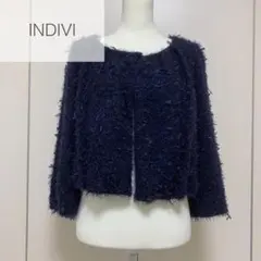 美品☆インディヴィ　ノーカラージャケット　ツイード　ネイビー　もこもこ 38
