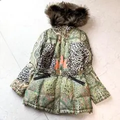 伊太利屋 ダウンジャケット チャイニーズラクーンファー 11 L 総柄 ベルト