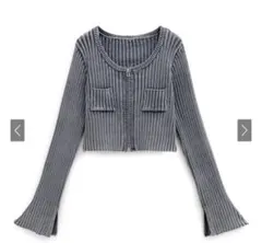 GRL グレイル　スリットフレアスリーブジップブリーチニットカーディガン　ブルー