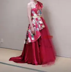 和×ドレスの一点物 着物リメイク ロングドレス（赤・ワンショルダー）