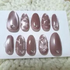 パール装飾付きピンクベージュネイルチップ10個セット