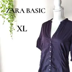 ザラベーシック Vネック パフスリーブブラウス XL ネイビー