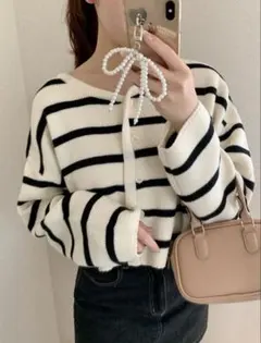 GRL ボーダー柄ショート丈ニットカーディガン