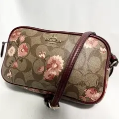 極美品 コーチ カメラバッグ シグネチャー 花柄 ロゴ 金具 2層 大容量 赤
