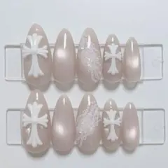 【現品】ネイルチップ 韓国風 マグネット シンプル クロムパーツ レースベージュ