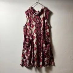レトロ　ヴィンテージ　幾何学模様　ノースリーブ　フレアワンピース　古着